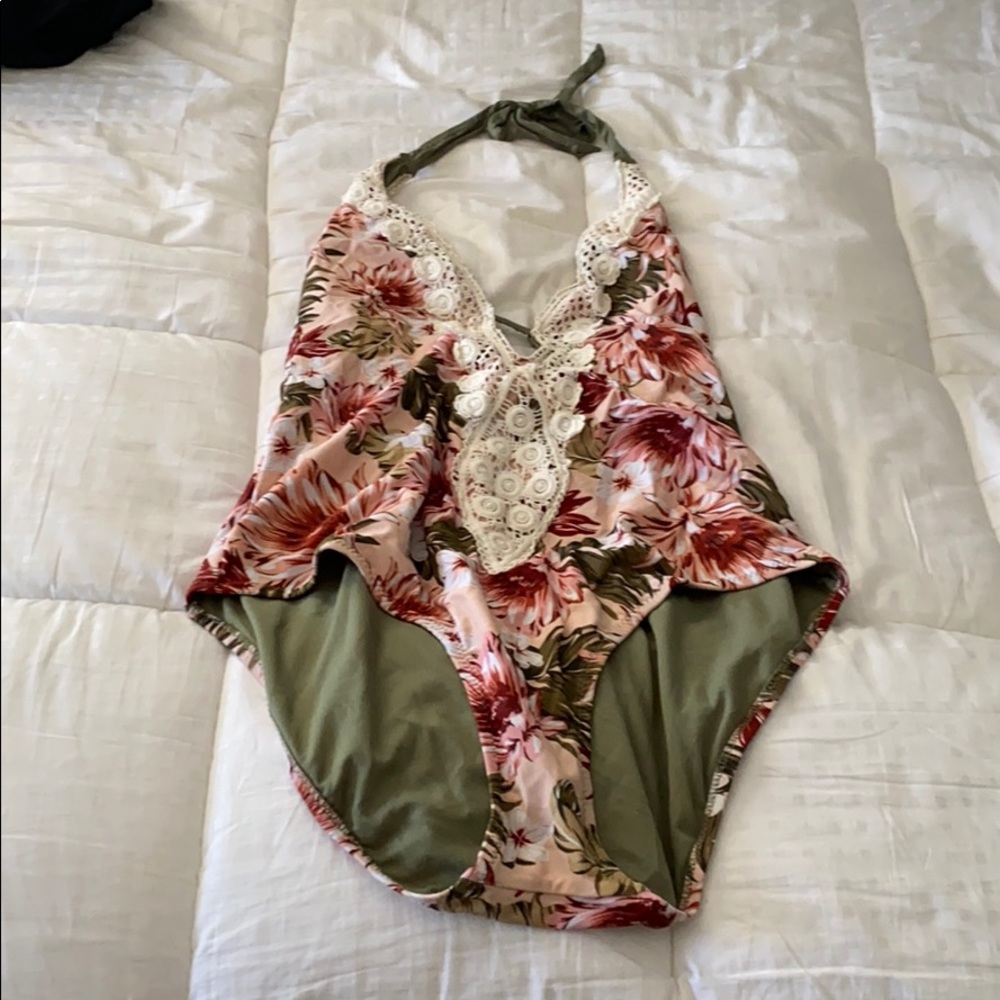 One piece pink floral bathing suit